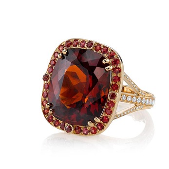 Cathedral ring with 17.38ct spessartite garnet, rubies and diamonds in yellow gold