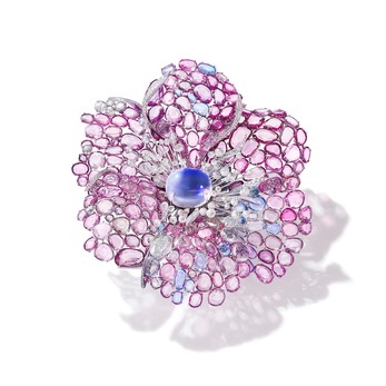 Icy Pink Dahlia brooch with 16.28ct moonstone, pink and blue sapphires and diamonds in white gold