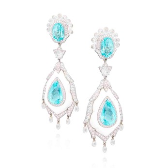Earrings with Paraiba tourmaline, diamonds and agate in white gold