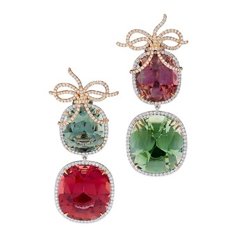 Bow earrings with diamonds, rubellite and green tourmalines in yellow and white gold