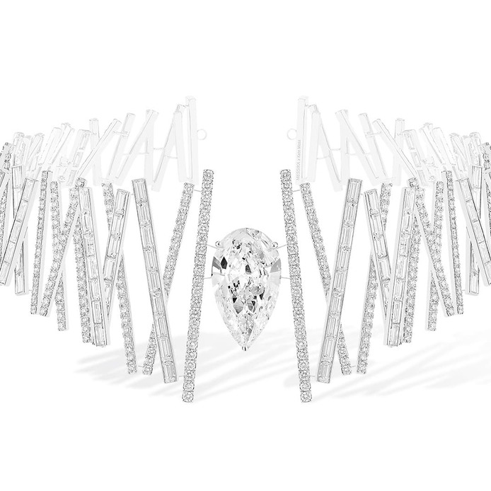 Equalizer necklace with 17ct pear diamond and accenting diamonds in white gold
