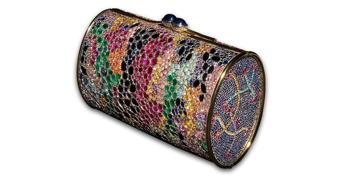 Clutch with multi-gemstones and diamonds in yellow gold and silver