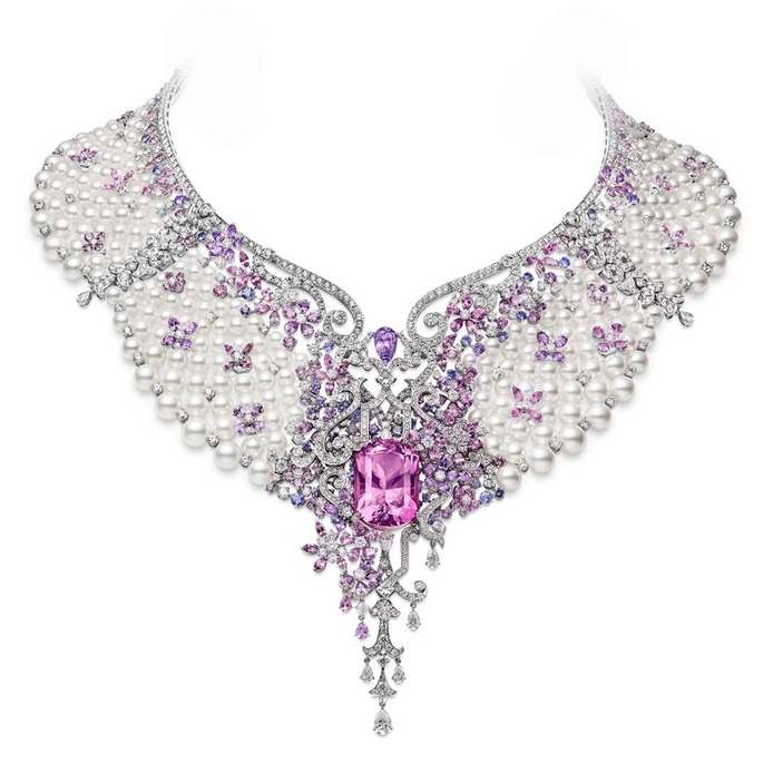 Jardin Mysterieux high jewellery Akoya pearl necklace with morganite, spinel, sapphires, tanzanite and diamonds