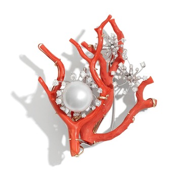 Coral, diamond and pearl  brooch