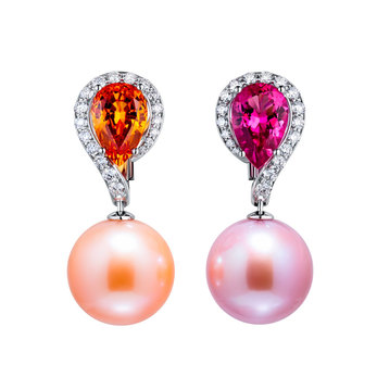 Freshwater pearl earrings with spessartite garnet, rubellite and diamonds