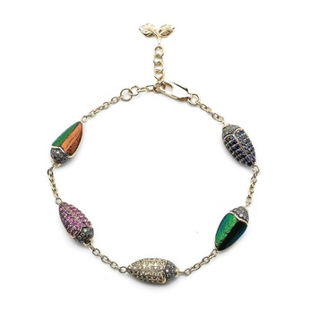 Scarab bracelet in 18 carat yellow gold, set with scarab wings, brown diamonds, pink sapphires, amethyst, yellow sapphires, blue sapphires and tsavorites