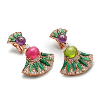 Barocko Diva’s Dream earrings in 18 carat rose gold, set with rubellite, amethyst, peridot and diamonds, with malachite and green chalcedony accents