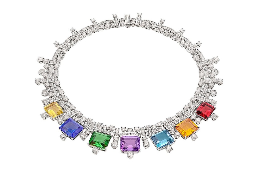 Barocko Chiaroscuro high jewellery necklace, set with a rectangular rubellite, green tourmaline, amethyst, citrine, greenish yellow quartz, aquamarine, tanzanite and diamonds in 18 carat gold