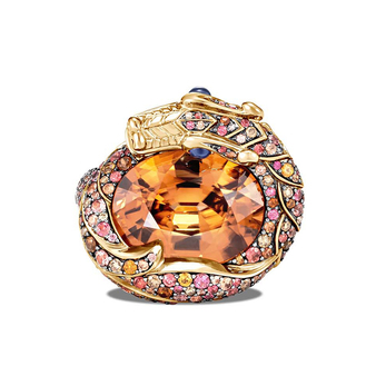 Legends Naga Surya orange zircon ring with zircons, sapphires and diamonds 18 carat rose gold