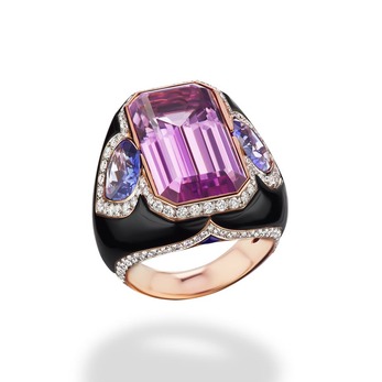 Elena kunzite, tanzanite and black onyx ring with diamonds 