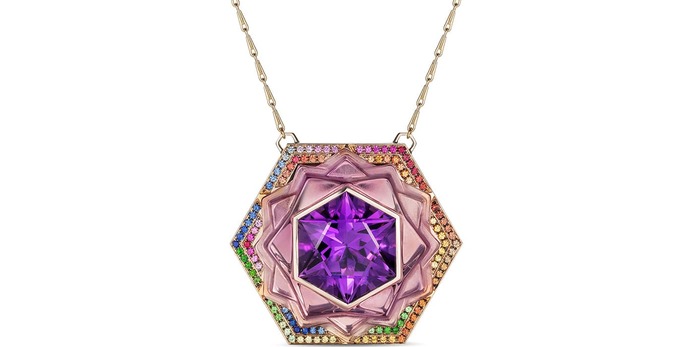 Prana Sahasrara amethyst and enamel pendant in 18 carat grey gold with multi-coloured gemstones