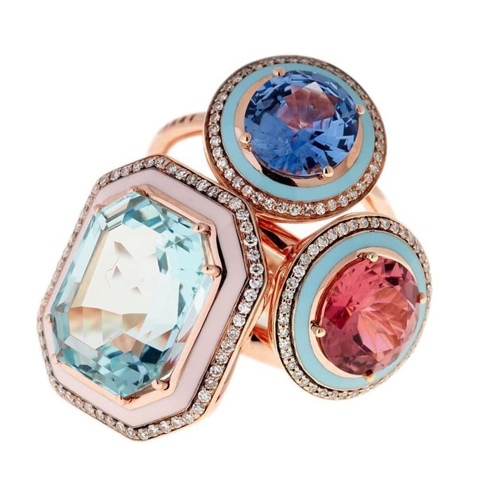 Minar aquamarine, sapphire and rhodolite rings 