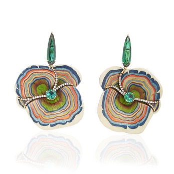 Sculptural Botanical Mushroom wood marquetry earrings with diamonds, tsavorite and tourmaline