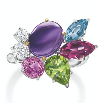 Winston in Bloom cluster amethyst ring with aquamarine, diamonds, sapphire, peridot and rubellite