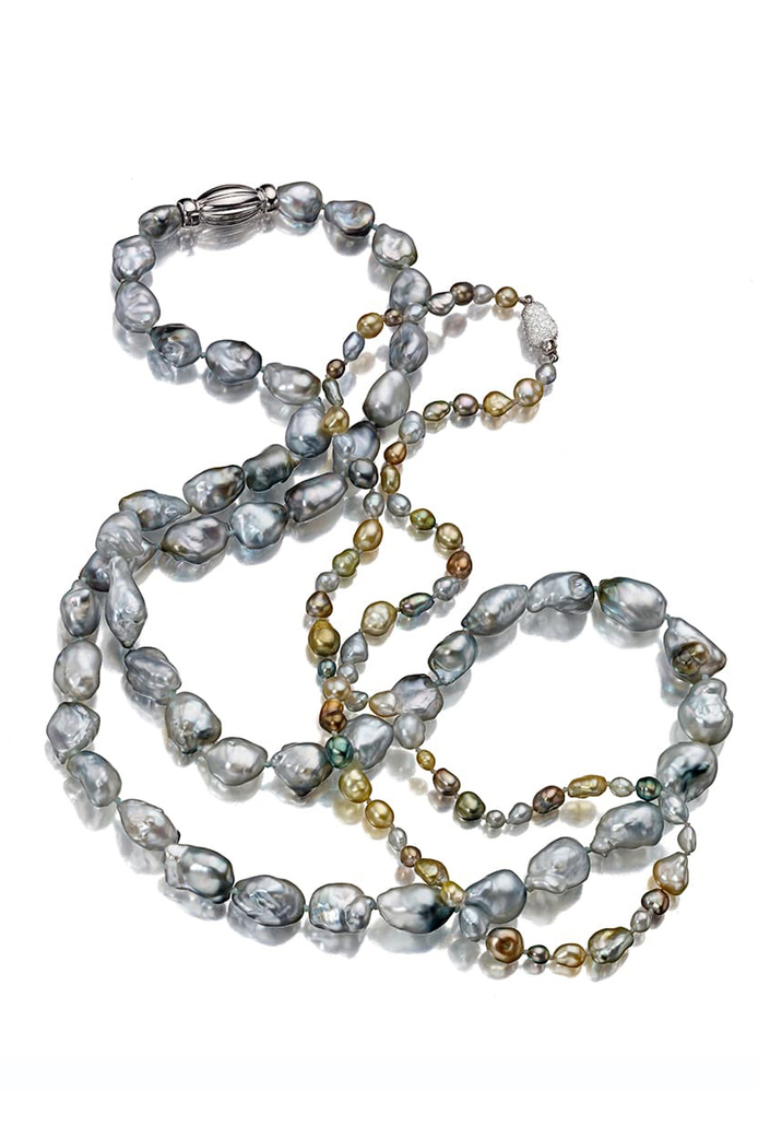  J. Hunter for Assael necklace with Fijian keshi pearls with a white gold and diamond clasp, alongside a necklace of baroque Fijian pearls with a white gold clasp