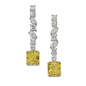 Yellow diamond earrings with fancy cut white diamonds 