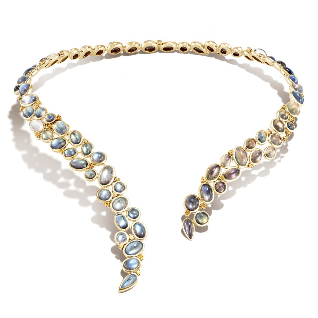 Classic Chain Sungai Biang Lalah necklace from the Cinta collection with rainbow moonstones, hematite and yellow diamonds