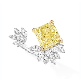 Radiant Firebird ring with a  yellow diamond and marquise-cut diamonds in white gold
