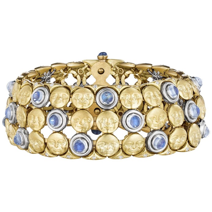 Moonface Mesh bracelet with moonstones, diamonds and sapphires in gold