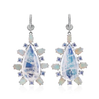 White gold drop earrings with diamonds, pear-shaped moonstones and opals