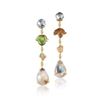 Keshi pearl, tourmaline, opal, rainbow moonstone and diamond earrings 