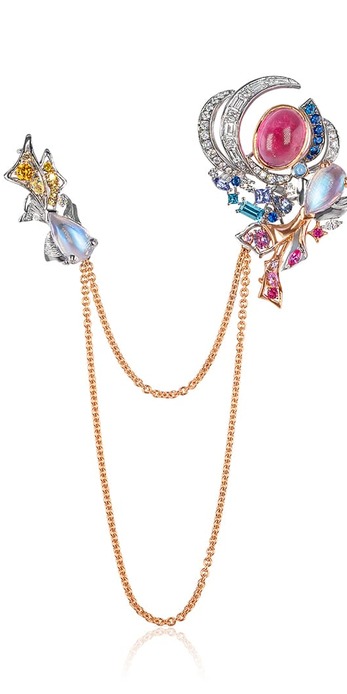 Lucky Fish brooch/pendant with moonstone koi fish, sapphires, diamonds and a tourmaline cabochon