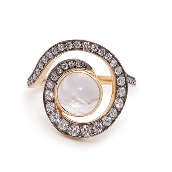 Planet Spiral ring in gold with a moonstone cabochon surrounded by diamonds 