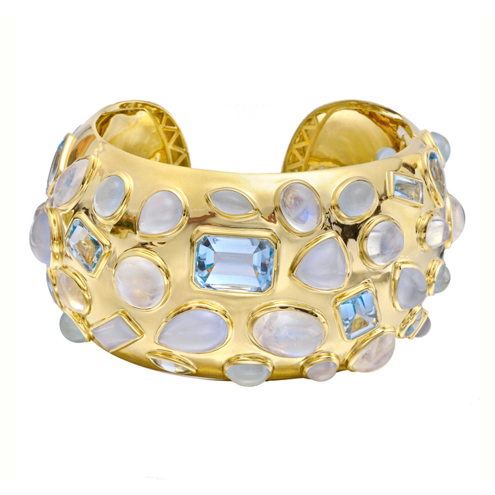 Сuff in yellow gold with moonstone, aquamarine and blue-topaz
