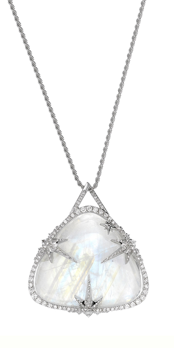 Theiya Lumia necklace with 137 diamonds, 21 Colourless Sapphires, rainbow moonstone and Gibeon Meteorite