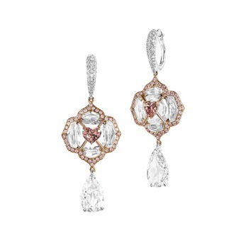 Kissing earrings with heart-shaped pink diamonds and pear-shaped diamond drops 