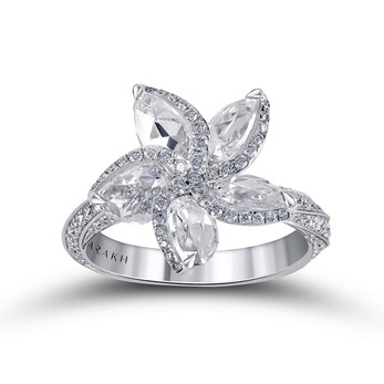 Frangipani ring with pear-shaped rose-cut diamonds and round brilliant-cut diamonds