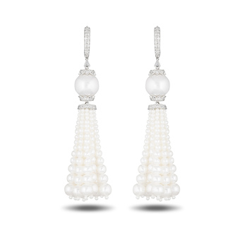 Pearl and diamond tassel earrings 