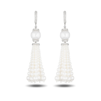 Pearl and diamond tassel earrings 