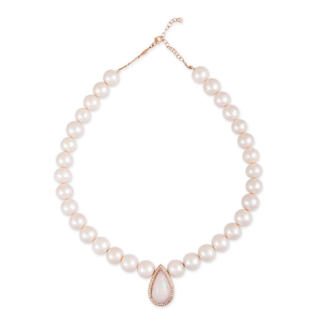 Freshwater pearl necklace with a pear-shaped opal drop and diamond pavé