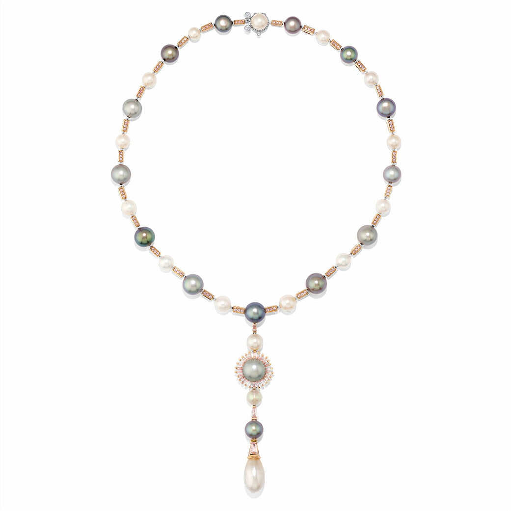 Two Seas necklace with 71ct natural black pearls, 46ct natural white pearls, 1.5ct natural coloured pearls, 2ct pink diamonds and 0.5ct white diamonds