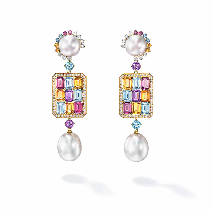 Sunset Glow earrings with South Sea pearls, diamonds, topaz, citrine, garnet, aquamarine