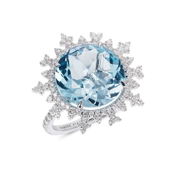 Tsarina Ice Flake ring in 18K white gold with a 6.75 carat round aquamarine and diamonds