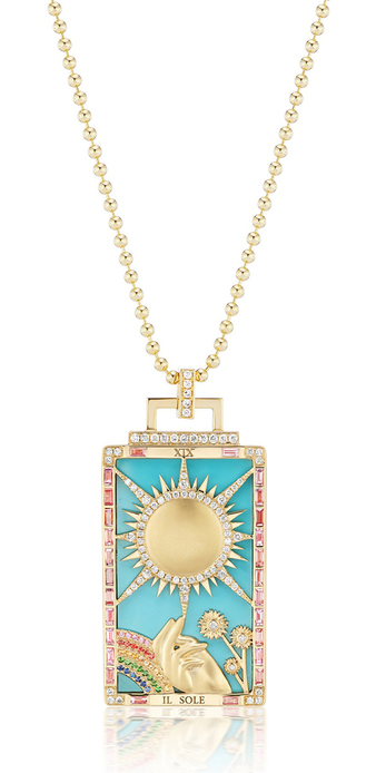Il Sole Tarot Card necklace in 18k yellow gold with sapphires, tsavorites and diamonds on a turquoise background