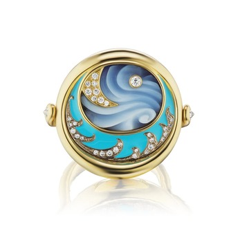 Water Flip ring with a Brazilian agate cameo, turquoise, enamel and 18k yellow gold  