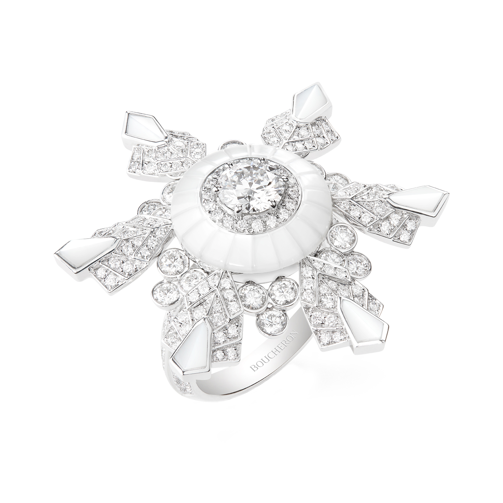 <p>‘Flocon’ Lumiere de Nuit ring in white gold, mother of pearl and diamonds from the L’Hiver Imperiale High Jewellery collection</p>