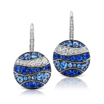 Wave disc earrings with sapphires and diamonds in 18k white gold