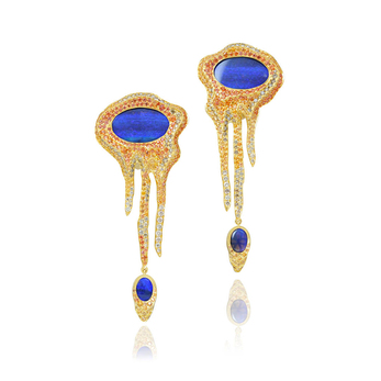 Sahara earrings with opals, brown diamonds and orange sapphires in 18k yellow gold 