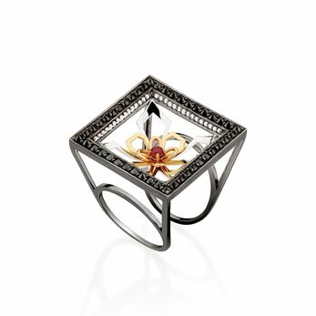 Portal Collection Lotus ring in 18k rose, yellow and white gold and black rhodium, set with black diamond pavé, white diamond pavé and a round cut cabochon ruby