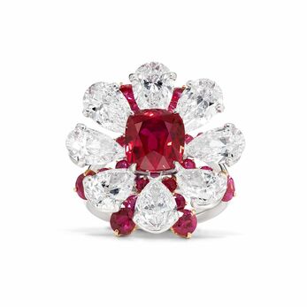 Cushion-cut ruby and pear-shaped diamond High Jewellery ring 
