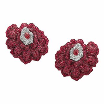 Enchanted Garden earrings in 18k rose gold and titanium with diamonds and rubies 