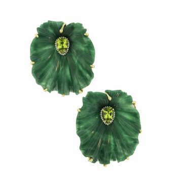 Earrings with peridots set inside carved green dumortierite 'leaves'