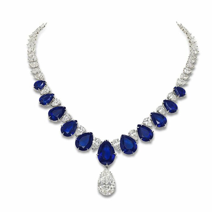 Pear-shaped sapphire and diamond necklace with a 10.03ct pear-shaped diamond drop