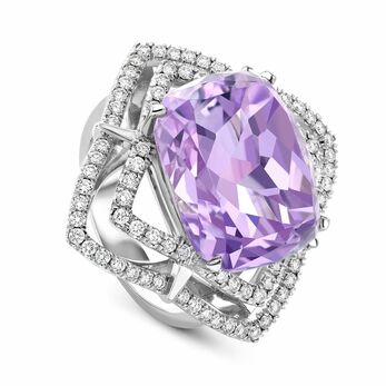 Peacock ring with a cushion-shaped 16.45 carat amethyst and diamonds in platinum