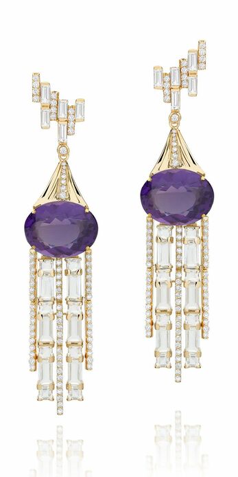 Waterfall earrings in 18k gold with amethysts, diamonds and white sapphires 