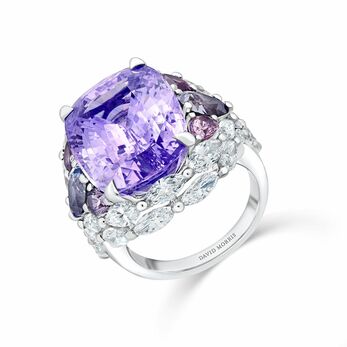 Cushion-cut light pink lilac sapphire ring of 19.89 carats with sapphire drops and white diamond marquise surround in 18K white gold